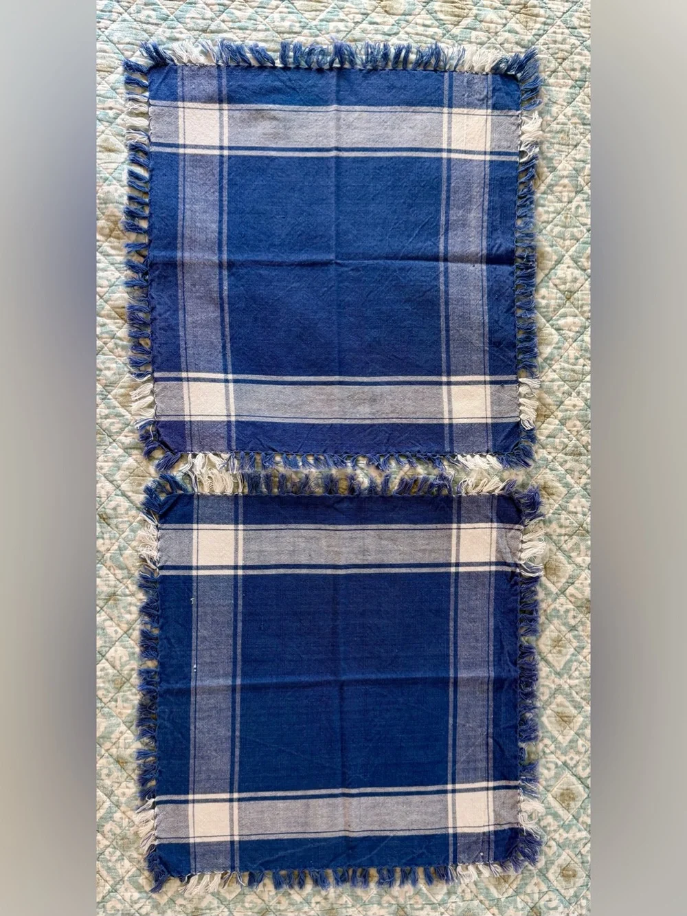 TWO Blue & White Plaid Cotton Napkins w/a Checked Pattern and a Fringed Border